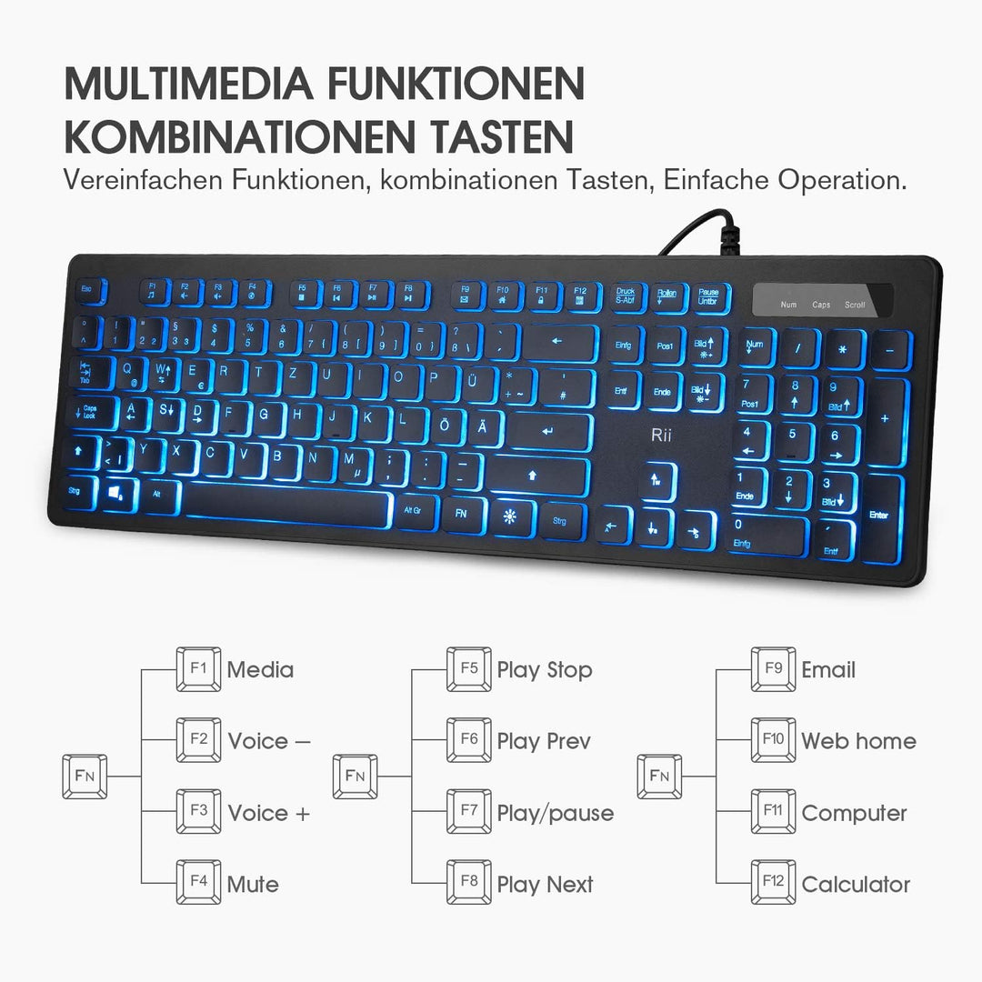 Rii Gaming Tastatur und Maus Set mit Kabel, 3 LED Hintergrundbeleuchtung QWERTZ (DE-Layout), Kabelge