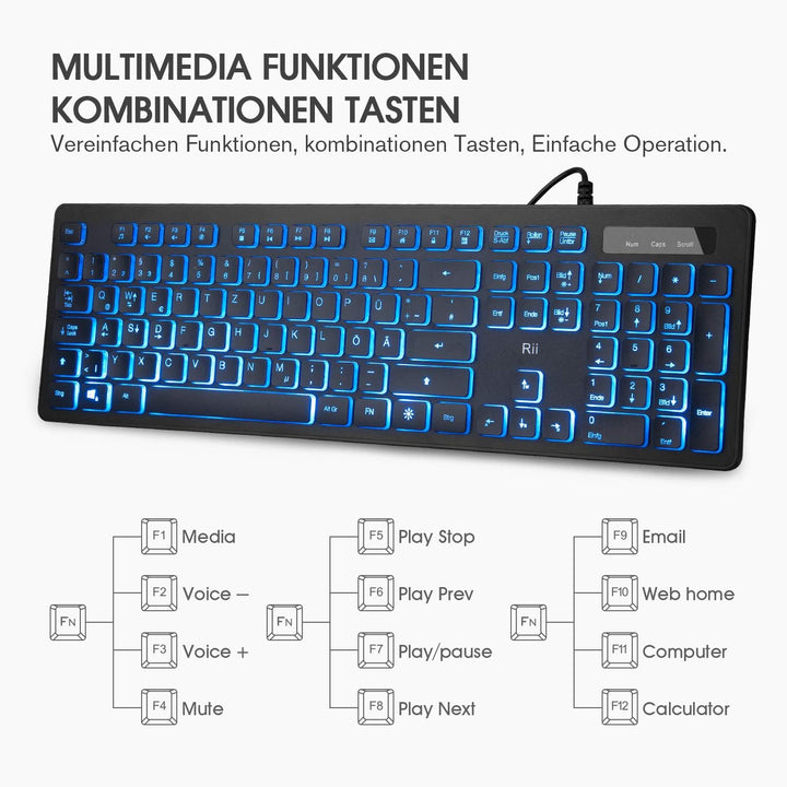 Rii Gaming Tastatur und Maus Set mit Kabel, 3 LED Hintergrundbeleuchtung QWERTZ (DE-Layout), Kabelge