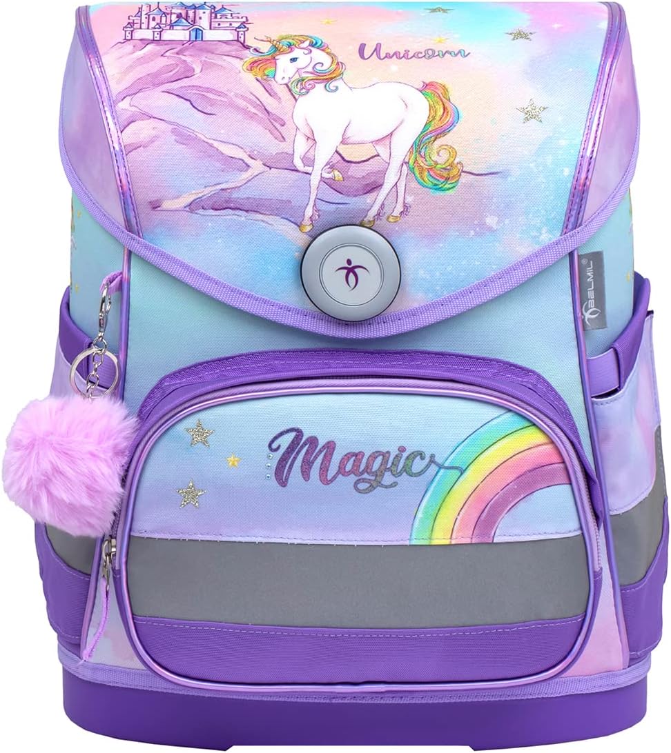 Belmil ergonomischer Schulranzen Set 4 -teilig für Mädchen 1-4 Klasse Grundschule/Brustgurt/Magnetve