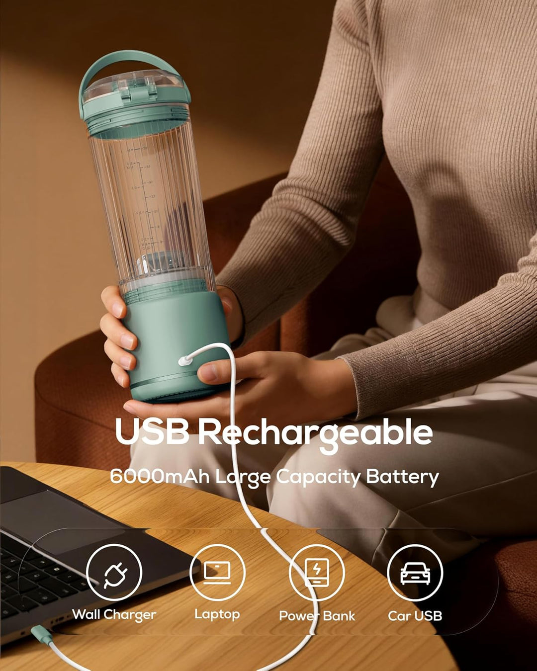 Sangcon Tragbarer Mixer 500ml, Smoothie Maker USB Wiederaufladbar, Mini Standmixer für Fitness, Camp