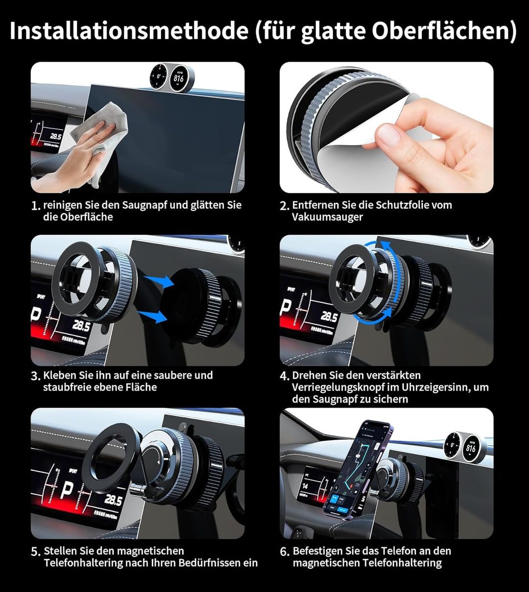 Handyhalterung Auto für MagSafe, Vakuum Magnetische Telefonständer 360° Drehbar Saugnapf Autohalteru