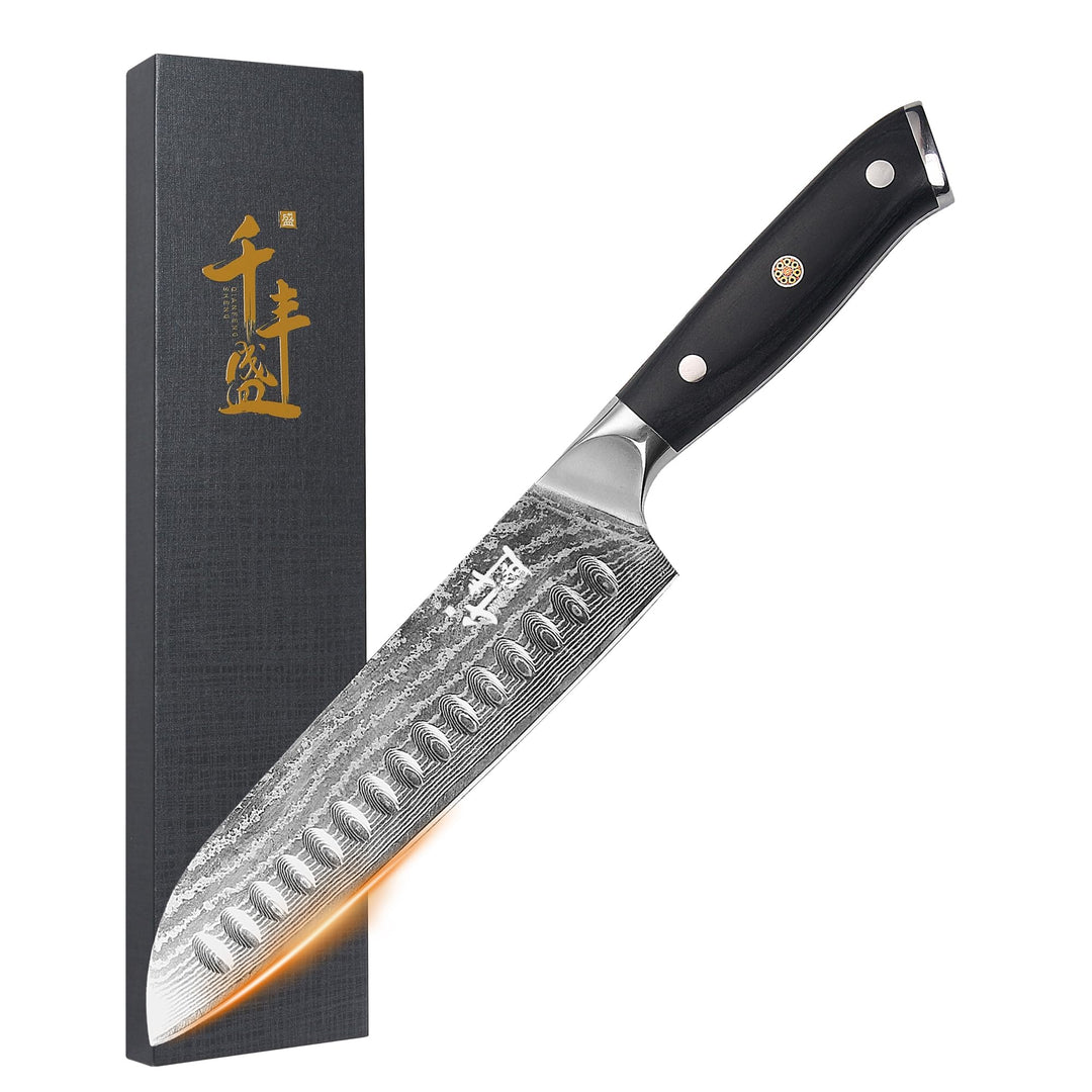 QIANFENGSHENG Damaszener Santokumesser 18 cm, professionelles Küchenmesser mit Holzgriff, Kochmesser