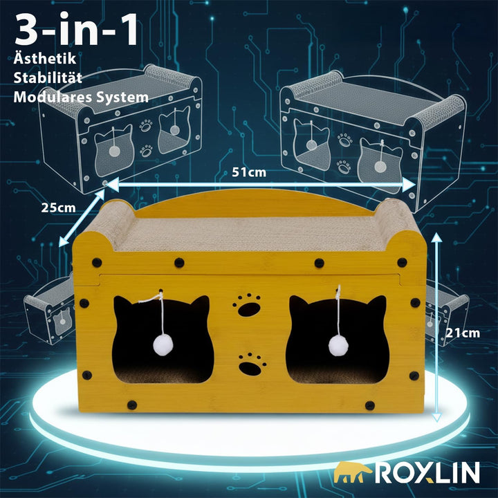 ROXLIN Katzen TV-Möbel, Holzdesign in Gelb, Kratzfläche mit Katzenhöhlen, Modernes Katzenspielzeug f