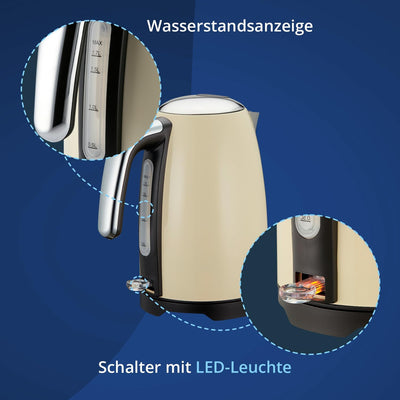 KHG Wasserkocher WK-1714 CE Creme Beige 1,7 Liter 2200 Watt, Retro Look, Abschaltautomatik, herausne