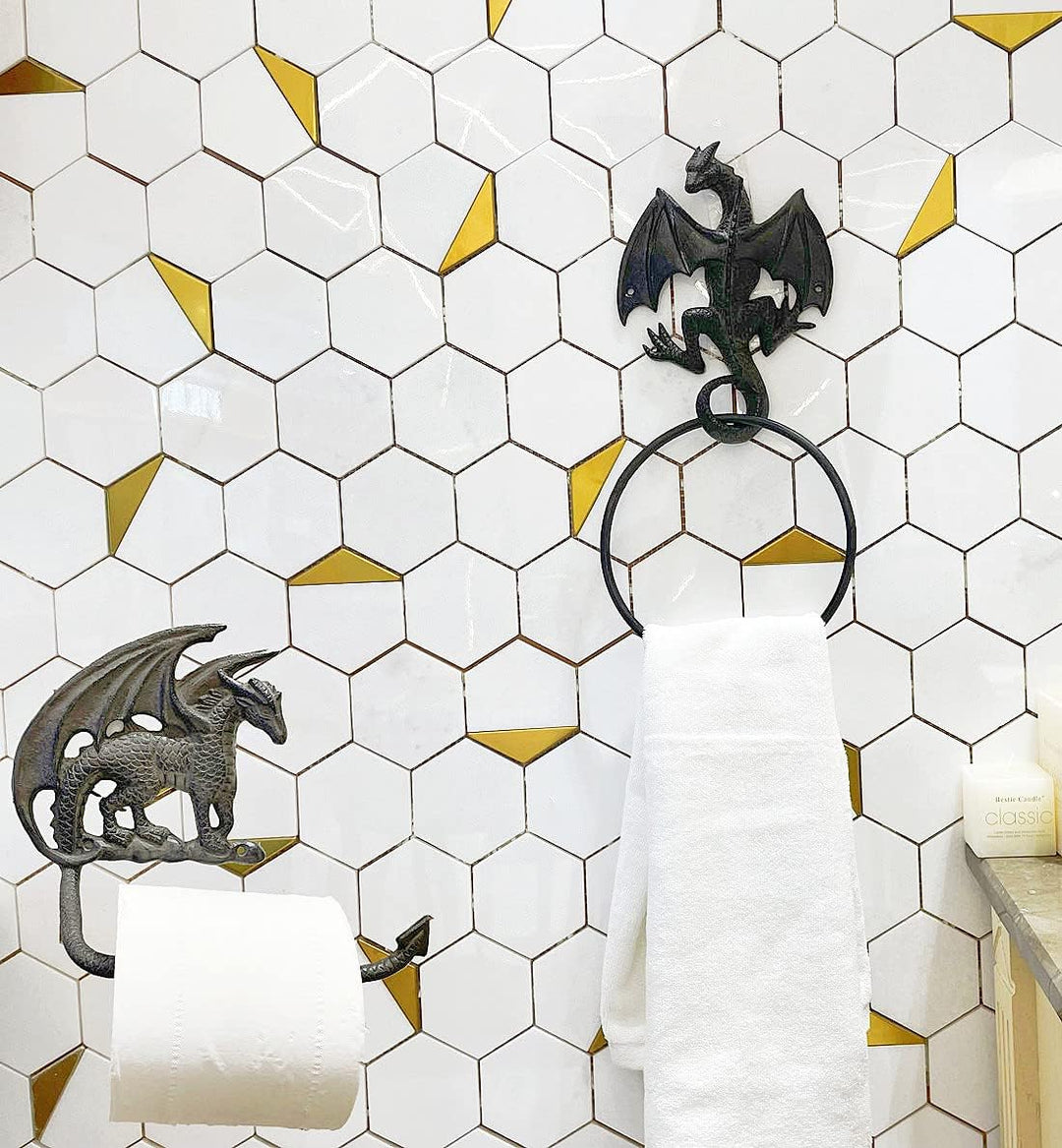 Gothic Dragon Toilettenpapierhalter und Handtuchring-Set, Wandmontage, dekoratives Badezimmerzubehör