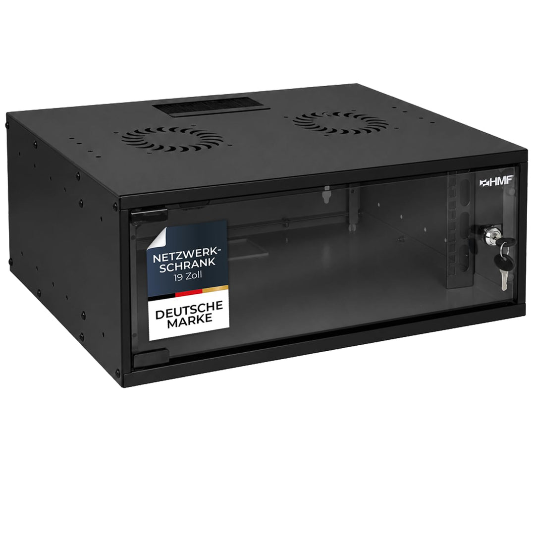 HMF 65704-02 Netzwerkschrank, Serverschrank 19 Zoll | 4 HE | 400 mm Tiefe | Glastür | Schwarz 4 HE S