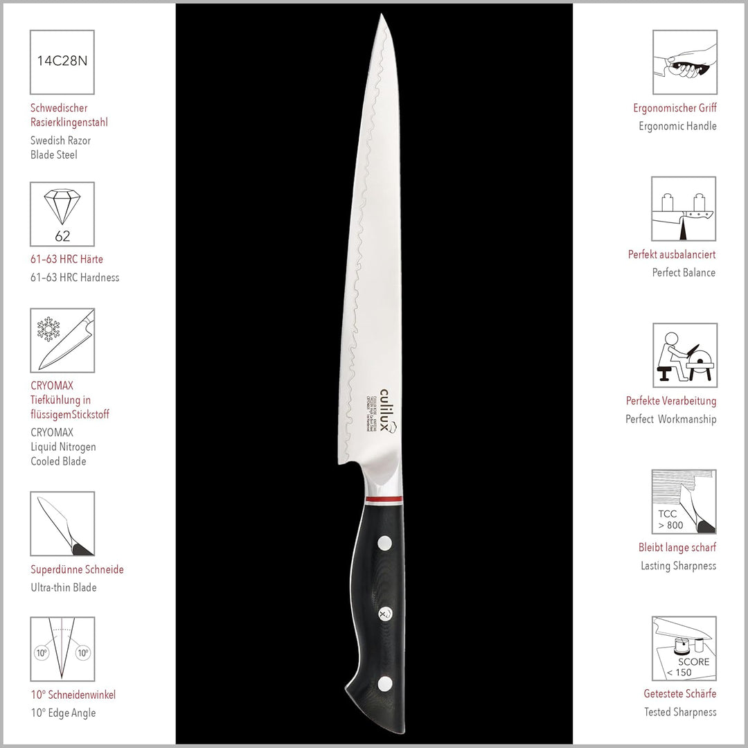 culilux® Kobe N63 Fleischmesser 24 cm extrem scharfes Profi Tranchiermesser aus schwedischem 14C28N