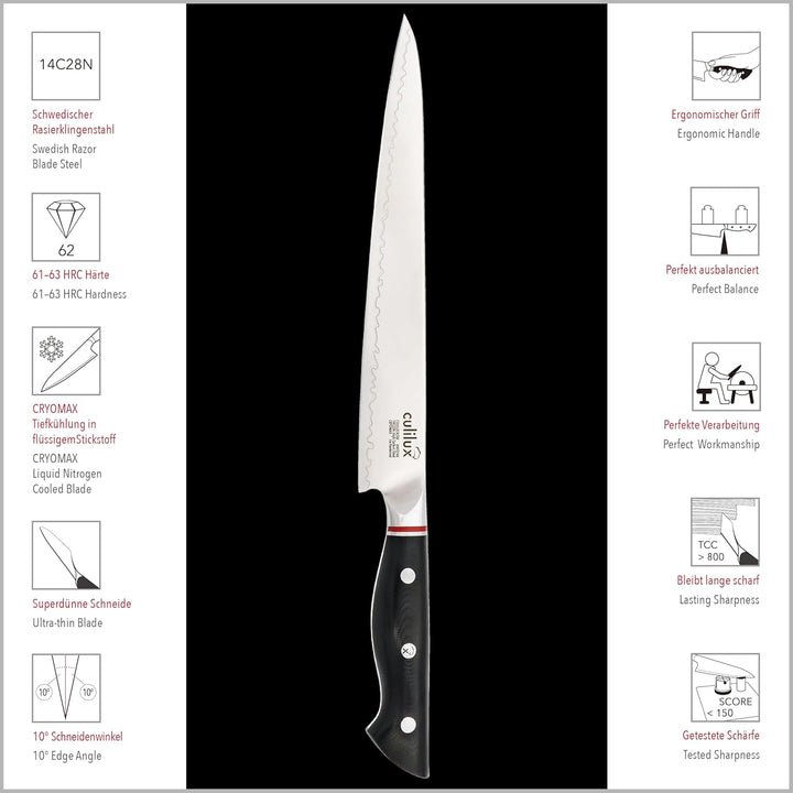 culilux® Kobe N63 Fleischmesser 24 cm extrem scharfes Profi Tranchiermesser aus schwedischem 14C28N