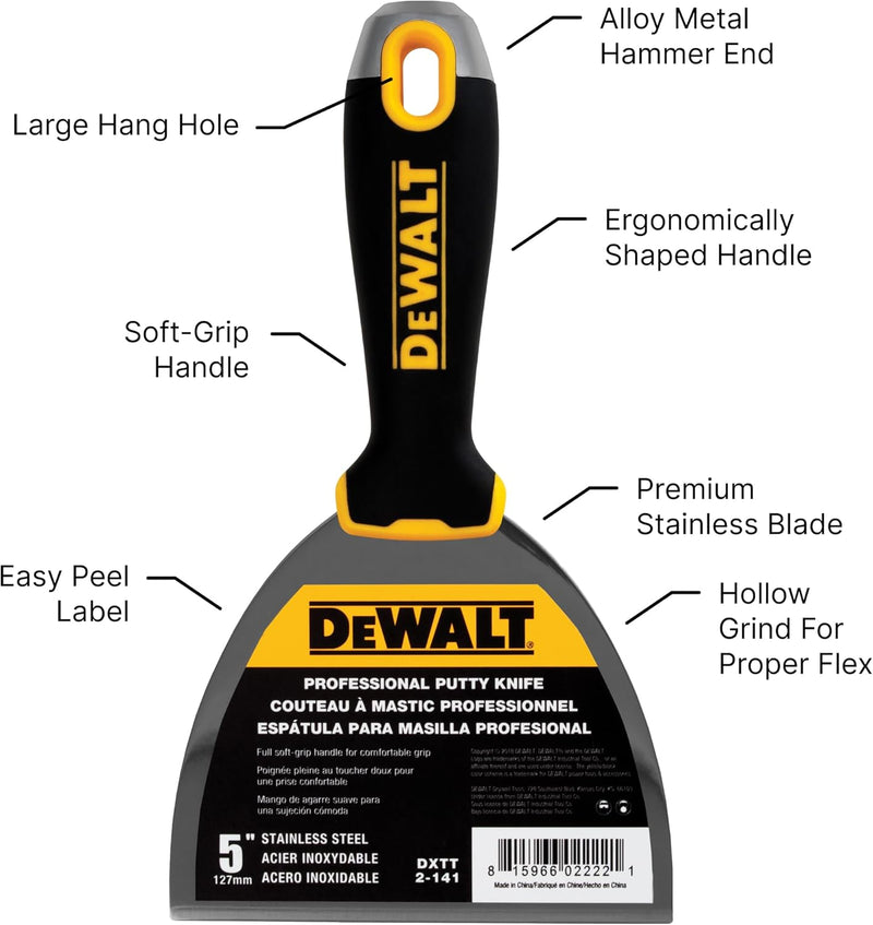 DEWALT Spachtelmesser, 12,7 cm, Edelstahl mit weichem Griff, DXTT-2-141 5-Inch, 5-Inch