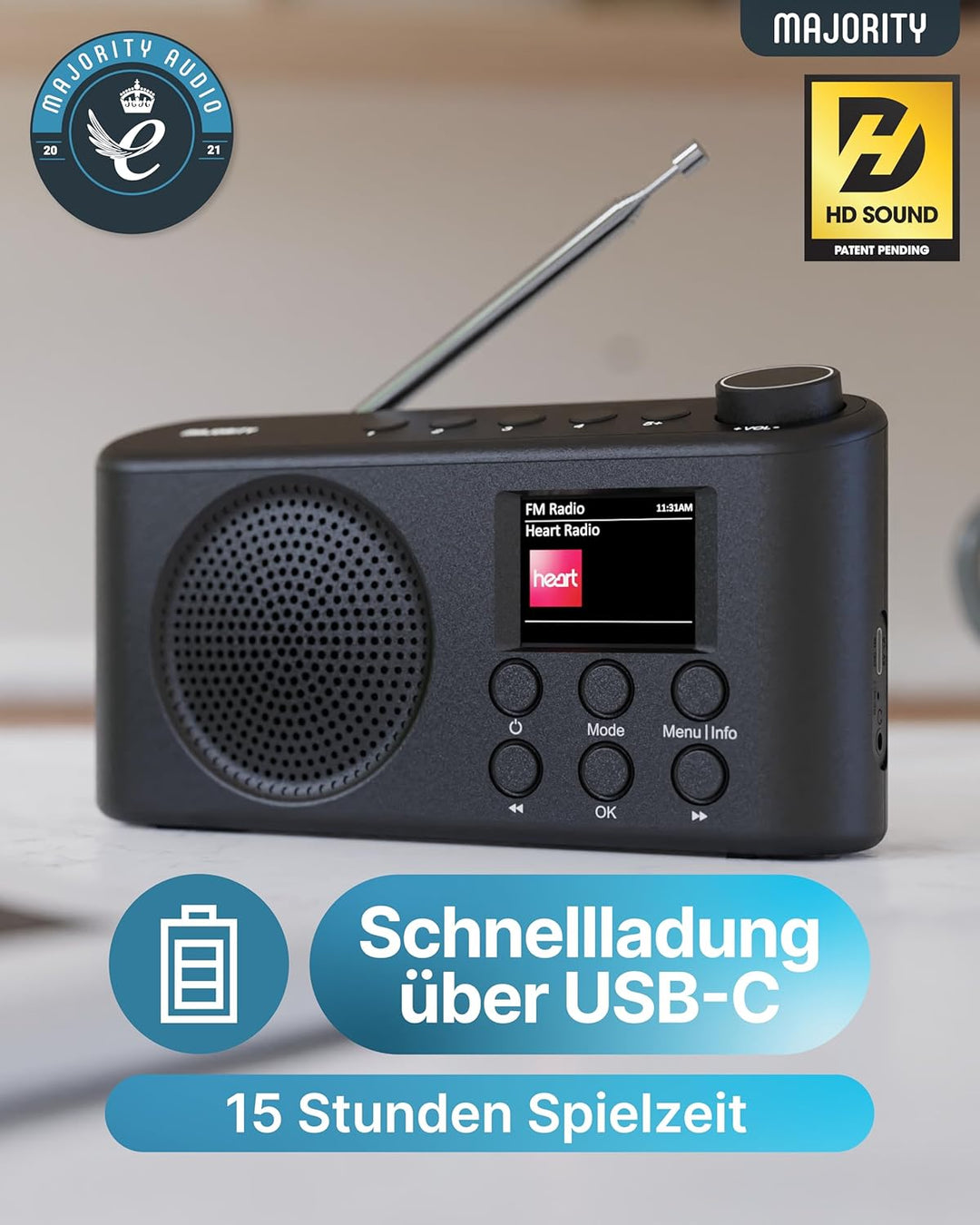 MAJORITY Orwell DAB+ Radio Tragbar | Bluetooth 5.2, UKW/FM, USB-C Akku, 12 Std Wiedergabe | LED-Disp