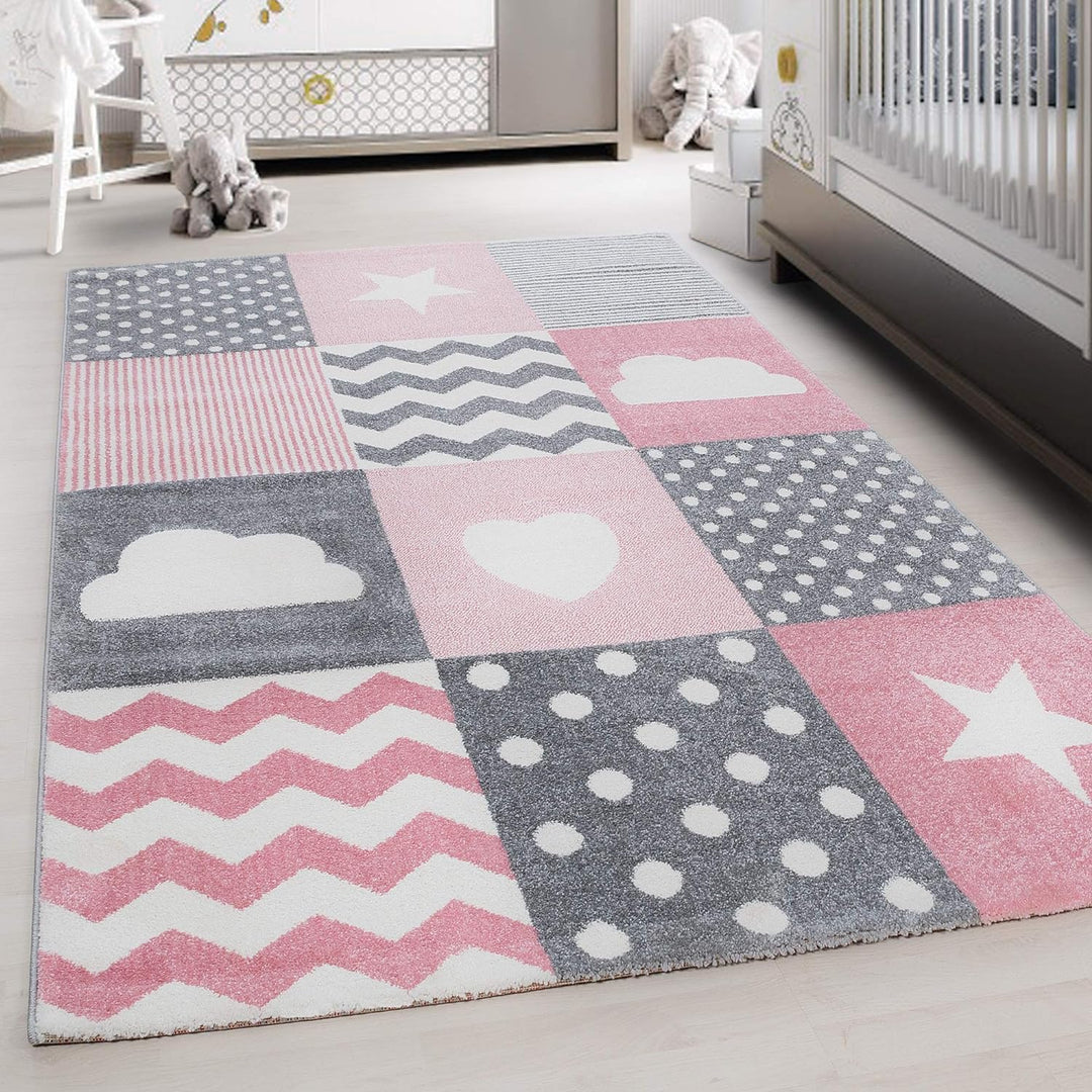 Kinderteppich Herz und Stern Design Spielteppich Weich & Soft Babyzimmer Spielzimmer Kinderzimmer Te
