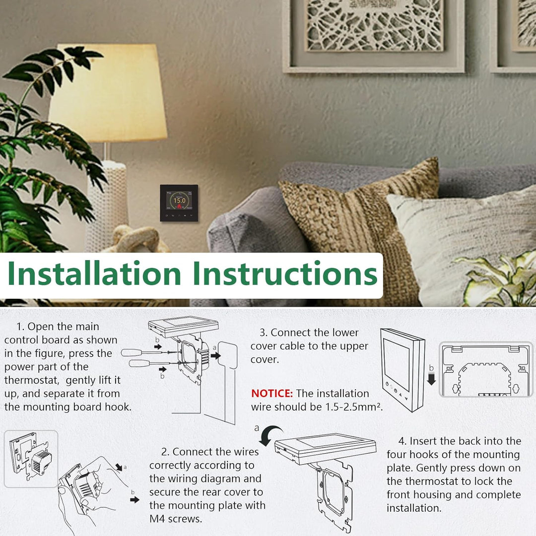 Wengart WiFi Smart Thermostat WG380 für Wasserfussbodenheizung – TFT-Farbdisplay &amp; Touch – 230V 3A –