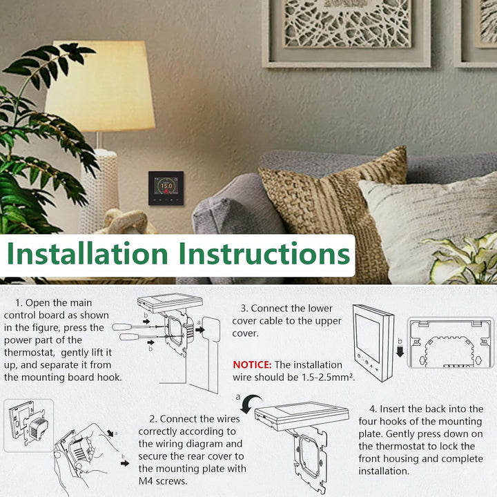 Wengart WiFi Smart Thermostat WG380 für Wasserfussbodenheizung – TFT-Farbdisplay &amp; Touch – 230V 3A –