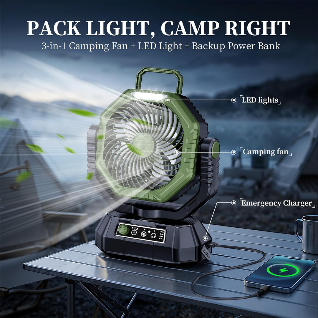 Camping Ventilator, 20000mAh Wiederaufladbarer Ventilator mit LED Licht & Haken, 270° Drehung, Stufe