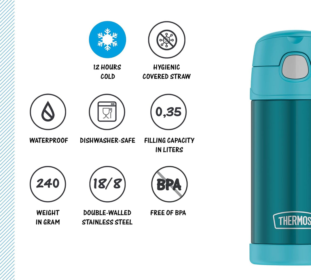 THERMOS kids FUNTAINER STRAW BOTTLE 0,35l, ocean teal, Thermosflasche für Kinder aus Edelstahl, mit
