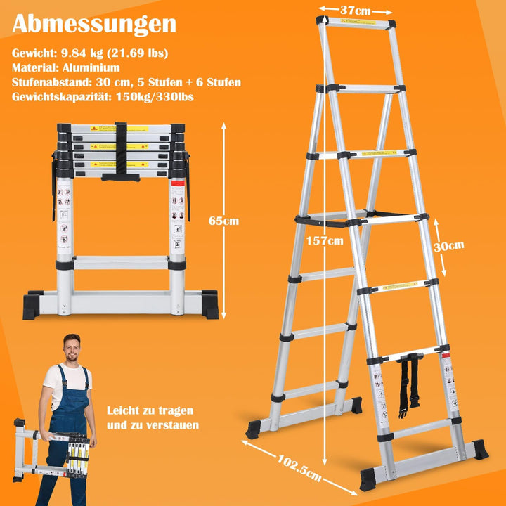 teleskopleiter klappleiter 1,7+2M aluleiter 5+6 Stufen Tragbare rutschfeste ausziehleiter, 150 kg Be