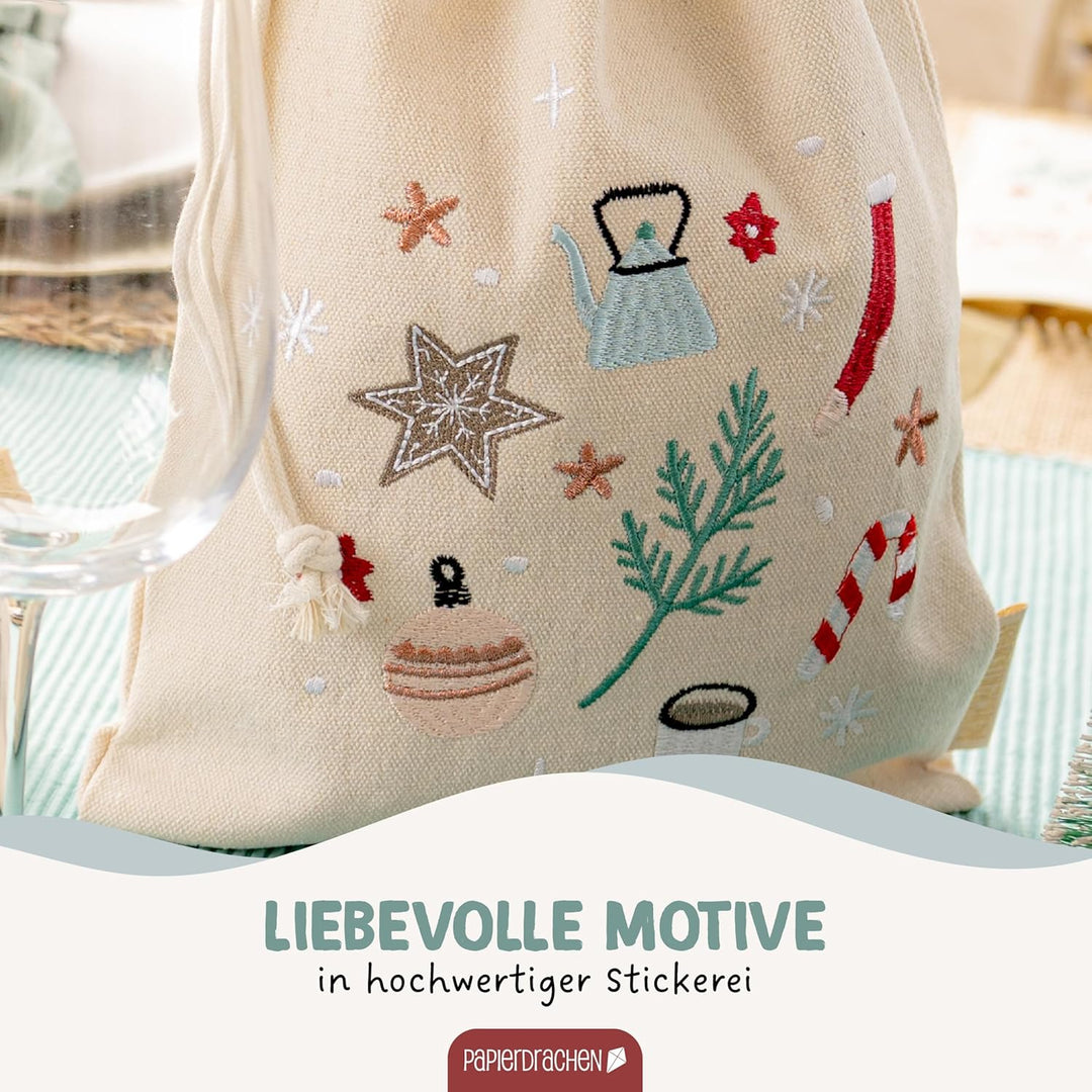 Papierdrachen 3 Geschenksäckchen in beige mit Bestickung in pastell - zum Befüllen und Verschenken -
