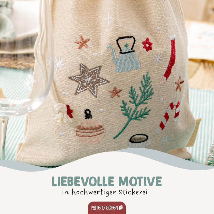 Papierdrachen 3 Geschenksäckchen in beige mit Bestickung in pastell - zum Befüllen und Verschenken -
