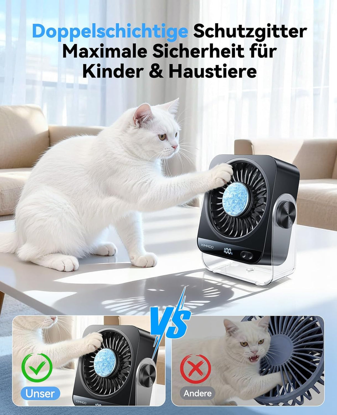 KIMMOO USB-Tischventilator wiederaufladbar, 199 Stufen tragbarer Ventilator mit Eiskühlung &amp; Digital