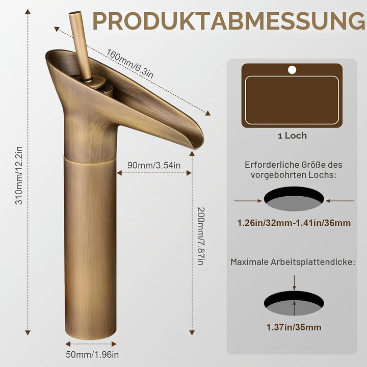 Hiendure® Einhebel- Mischbatterie Wasserhahn Armatur Waschtischarmatur Wasserfall Einhandmischer für