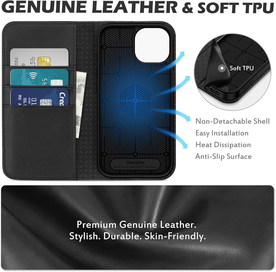 SHIELDON Hülle für iPhone 15 5G, Stossfest Handyhülle [Echtleder] [Kartenfach] [Magnet] [Standfunkti