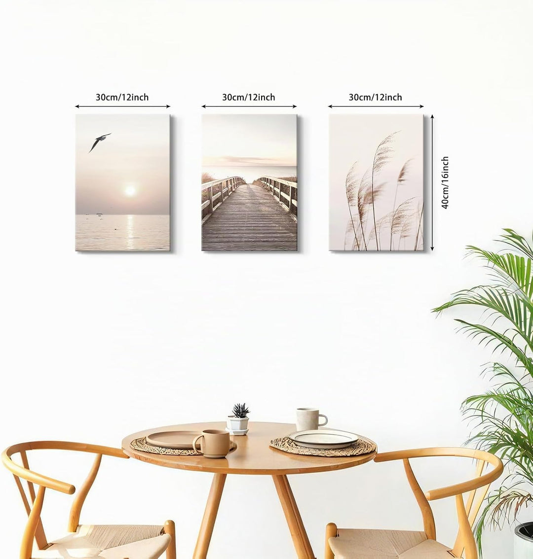 3 Teilig Strand Sonnenuntergang Bilder Set, Aesthetic Natur Landschaft Wandbilder mit Rahmen, Modern