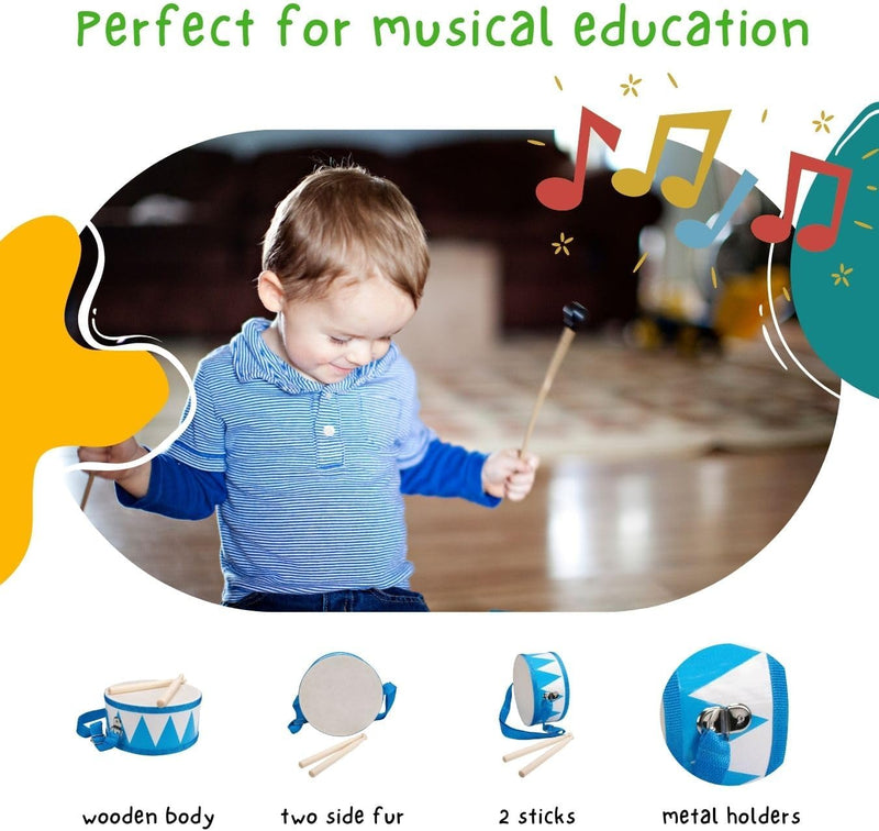Trommel für Kinder blau-weiss Musikinstrument aus Holz mit Trageriemen und Sticks D: 20 cm- 3845