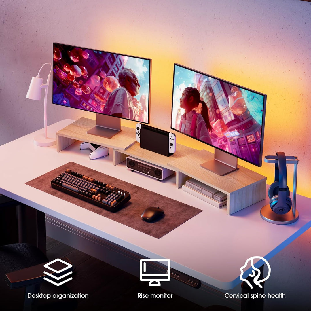 FITUEYES Dual Monitorständer aus Holz, Verstellbare Länge und Schwenkwinkel Bildschirmständer, Monit