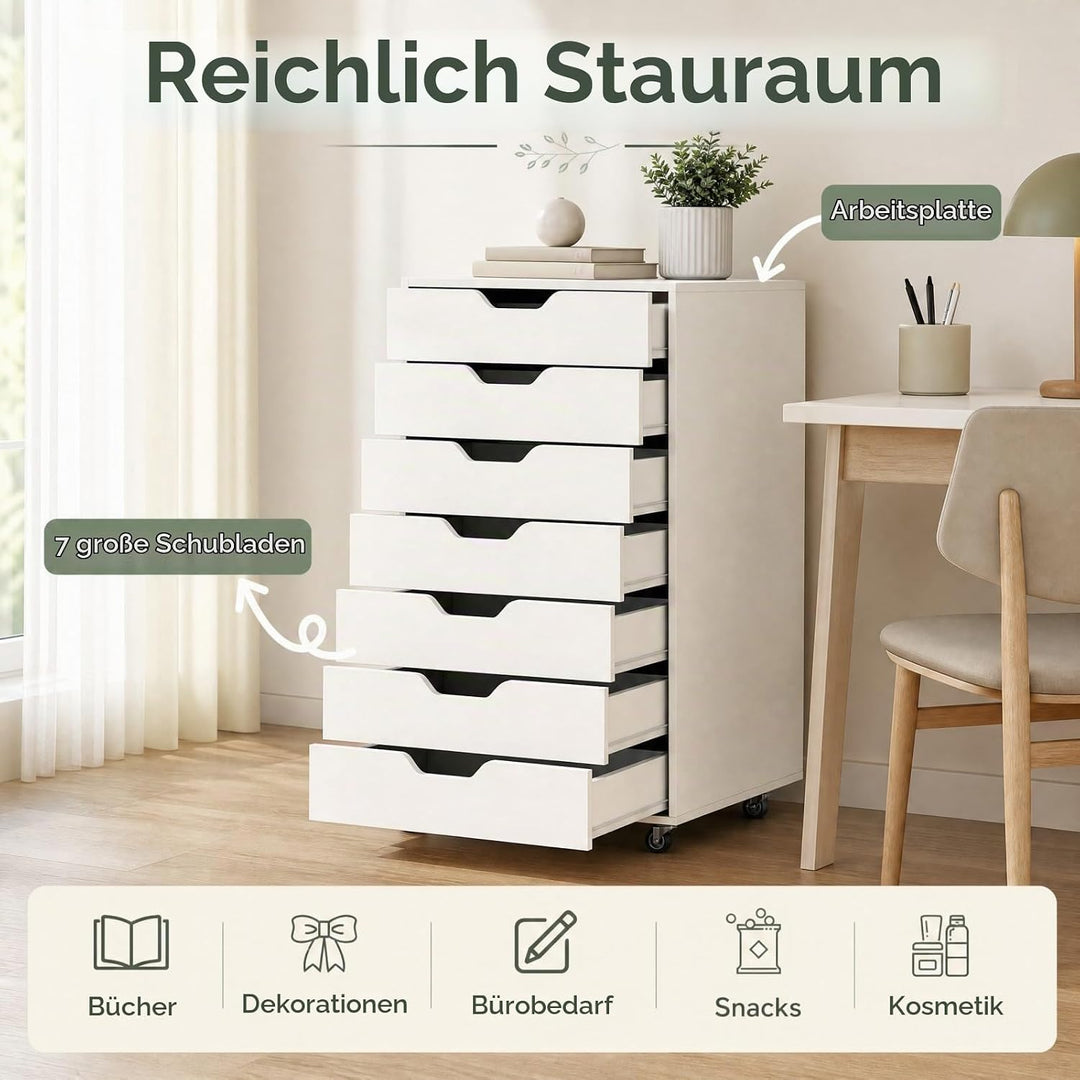 GIANTEX Rollcontainer mit 7 Schubladen, Aktenschrank mit Rollen, Schubladenschrank Holz, Druckertisc