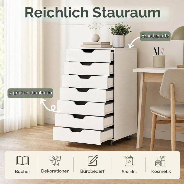 GIANTEX Rollcontainer mit 7 Schubladen, Aktenschrank mit Rollen, Schubladenschrank Holz, Druckertisc