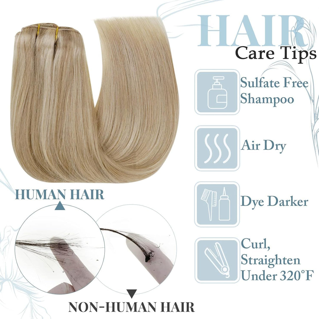 RUNATURE Clip in Extensions Echthaar Aschblond mit Goldblond 45cm 120g Echthaar Clip Extensions Remy