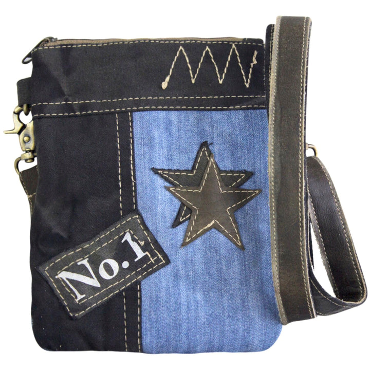 Sunsa Damen kleine Umhängetasche. Nachhaltige Tasche aus recycelte Jeans &amp; Leder. Crossover bag in V