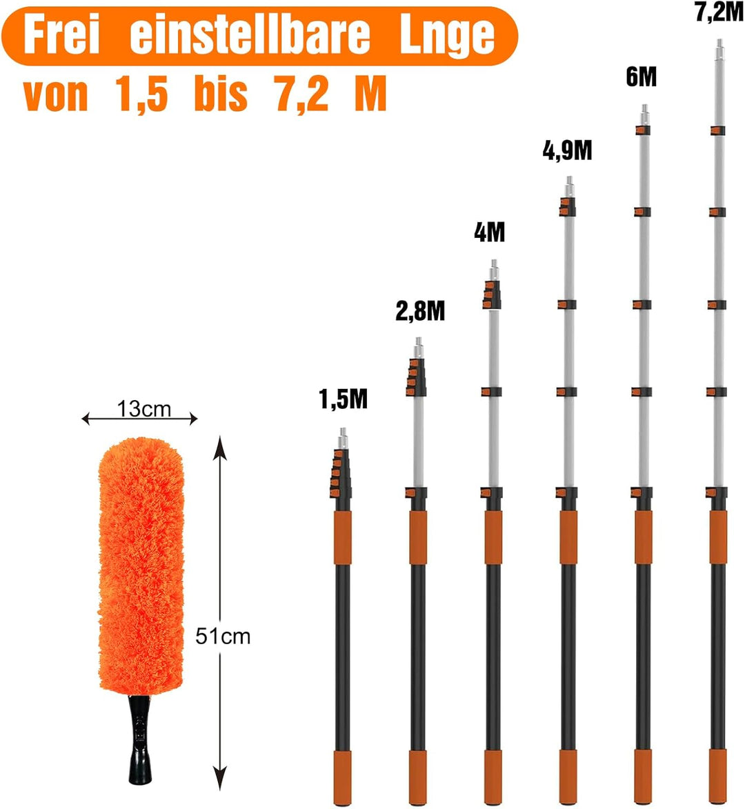 LAANPOLE 7,2m Staubwedel Teleskop, 6 Stück Spinnwebenbesen mit Teleskopstiel, Profi Fensterputzer Se