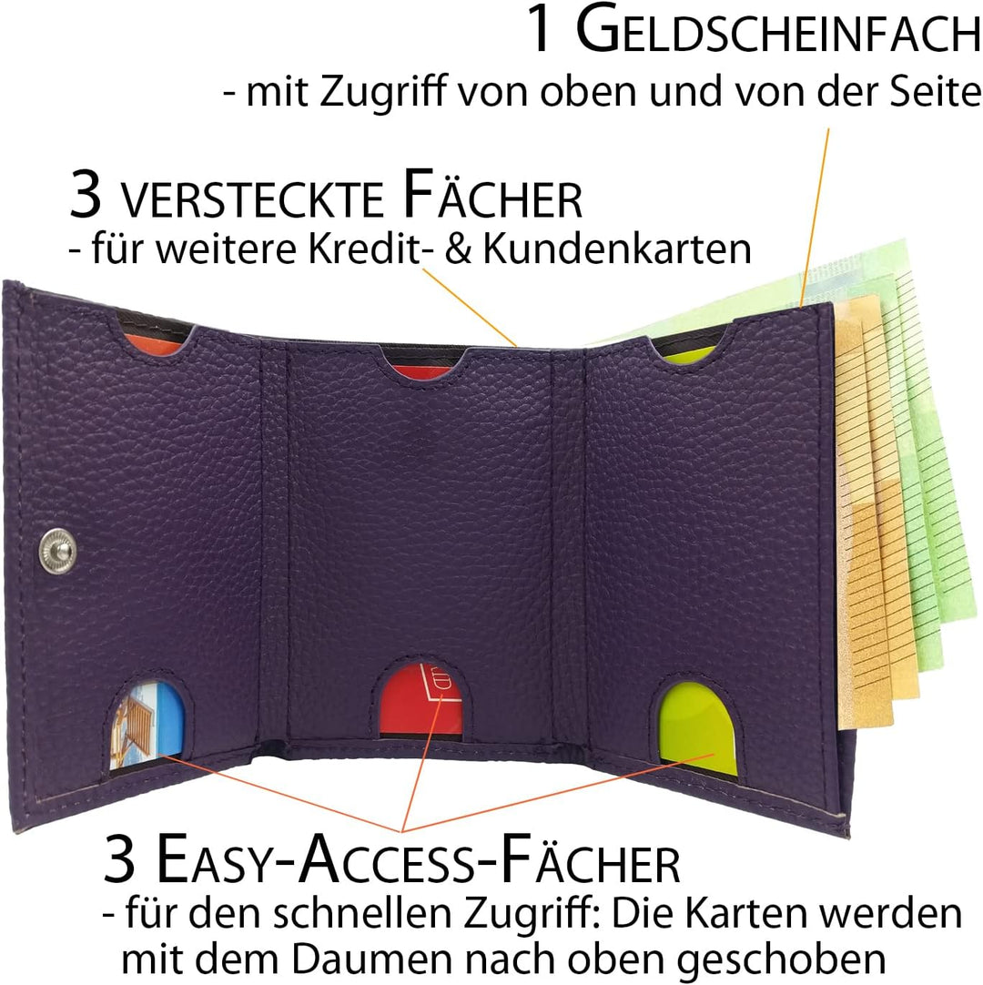 Kleines Portemonnaie Damen mini, Reise Geldbörse, viele Fächer, Echtleder lila, RFID Blocker, Münzfa
