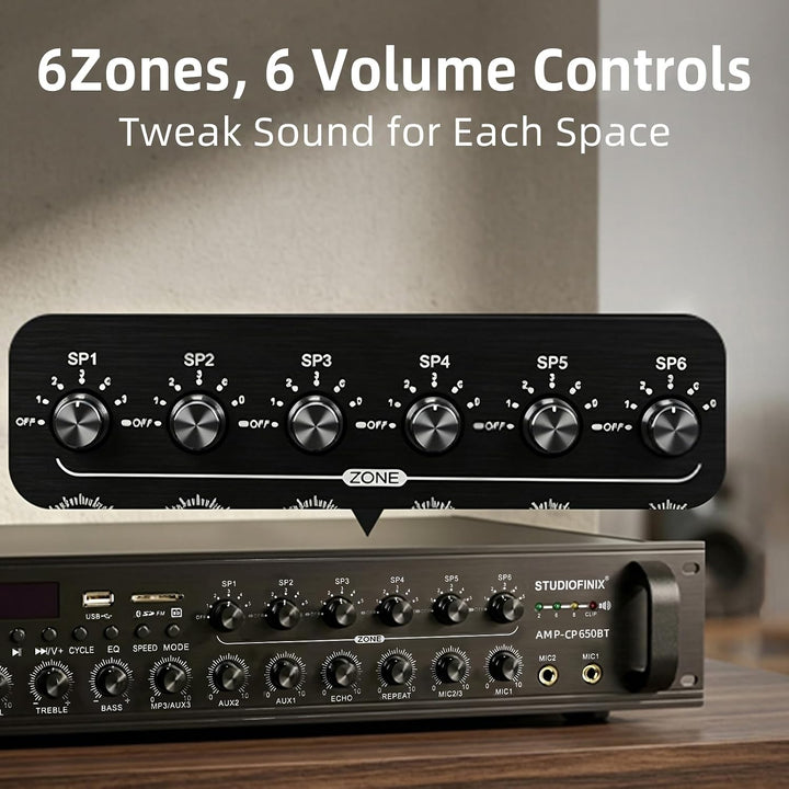 STUDIOFINIX Gewerblicher Bluetooth-Verstärker 650W 6 Zonen 70V, 2U Rack-Einbau, 3 Mikrofoneingänge m