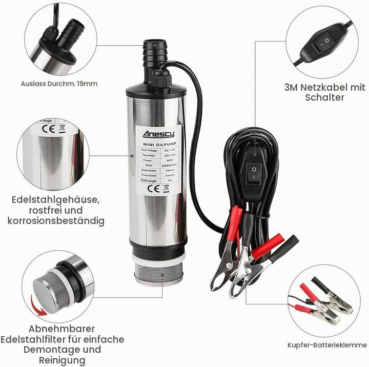 Edelstahl Transfer Pumpe 12V 51mm Wasserpumpe Tauchpumpe für Auto Diesel Öl Heizöl Wasser Kraftstoff