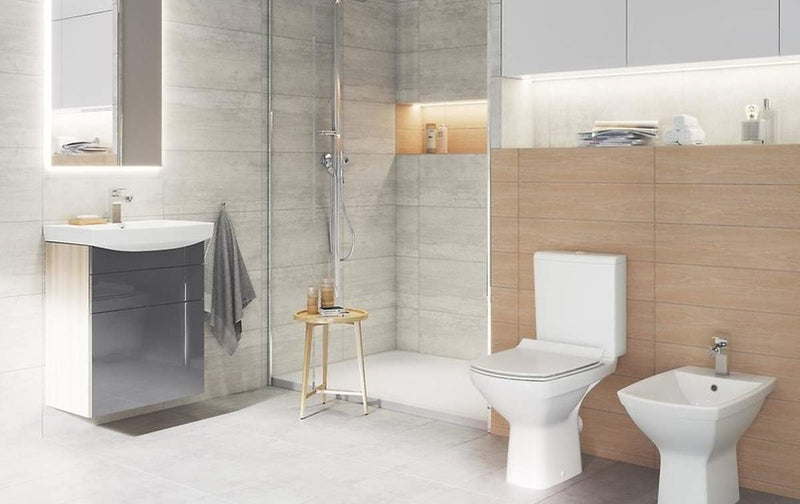 Keramik Stand- WC Toilette Komplett -Design- Set mit Spülkasten WC- Sitz Slim aus Duroplast mit Abse