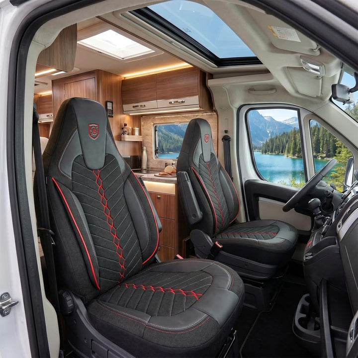 Autositzbezüge Universal für Wohnmobil & Caravan - Vordersitze Auto Sitzbezug aus Leinen, Schwarz-Ro