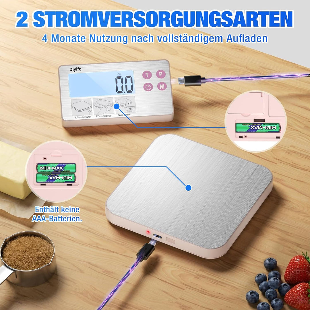 Diyife Neue 304 Edelstahl-Küchenwaage mit geteiltem Design, 15 kg Tragkraft, hintergrundbeleuchtetes