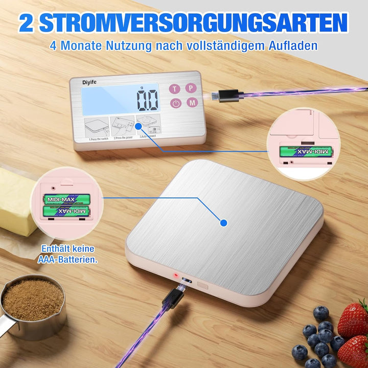 Diyife Neue 304 Edelstahl-Küchenwaage mit geteiltem Design, 15 kg Tragkraft, hintergrundbeleuchtetes
