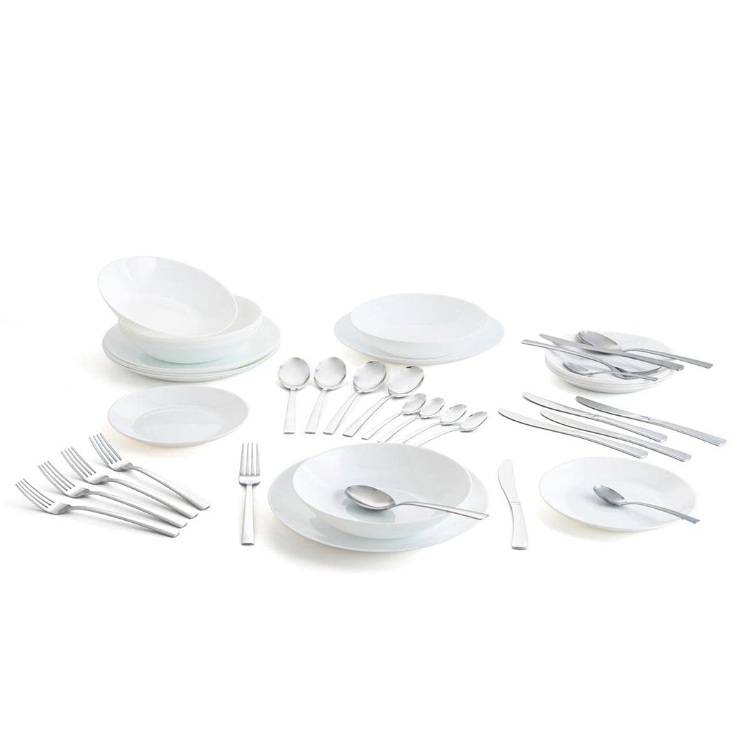 Arcopal Komplettes weisses Geschirr für 6 Personen, 18 Besteck, 24 Amefa, Opalglas, 19 Teile (Zelie)