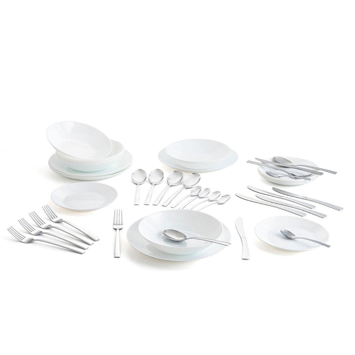 Arcopal Komplettes weisses Geschirr für 6 Personen, 18 Besteck, 24 Amefa, Opalglas, 19 Teile (Zelie)
