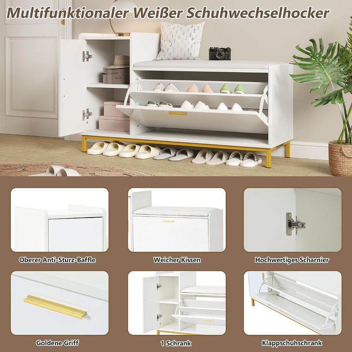 Merax Schuhschrank 100 × 38 × 68 cm mit Sitzbank &amp; Stauraum, Hochglanz Schuhregal mit 2 Klappfächern
