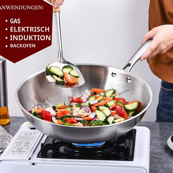 LOLYKITCH Wokpfanne Edelstahl 26 cm mit Deckel, Unbeschichtete Wok Pfanne für Induktion & Gasherd, E