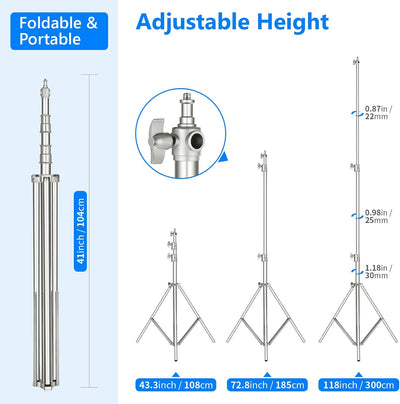 NEEWER 118"/3m Edelstahl Lichtständer, gefederter Heavy Duty Fotografie Stativständer mit 1/4" auf 3