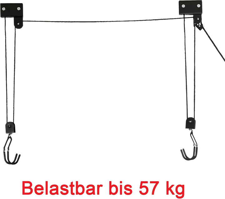 P4B | Fahrradlift mit Flaschenzug - ECO mit 57 Kg Hebelast zur Deckenmontage | Inkl. 2X Haltegurte m