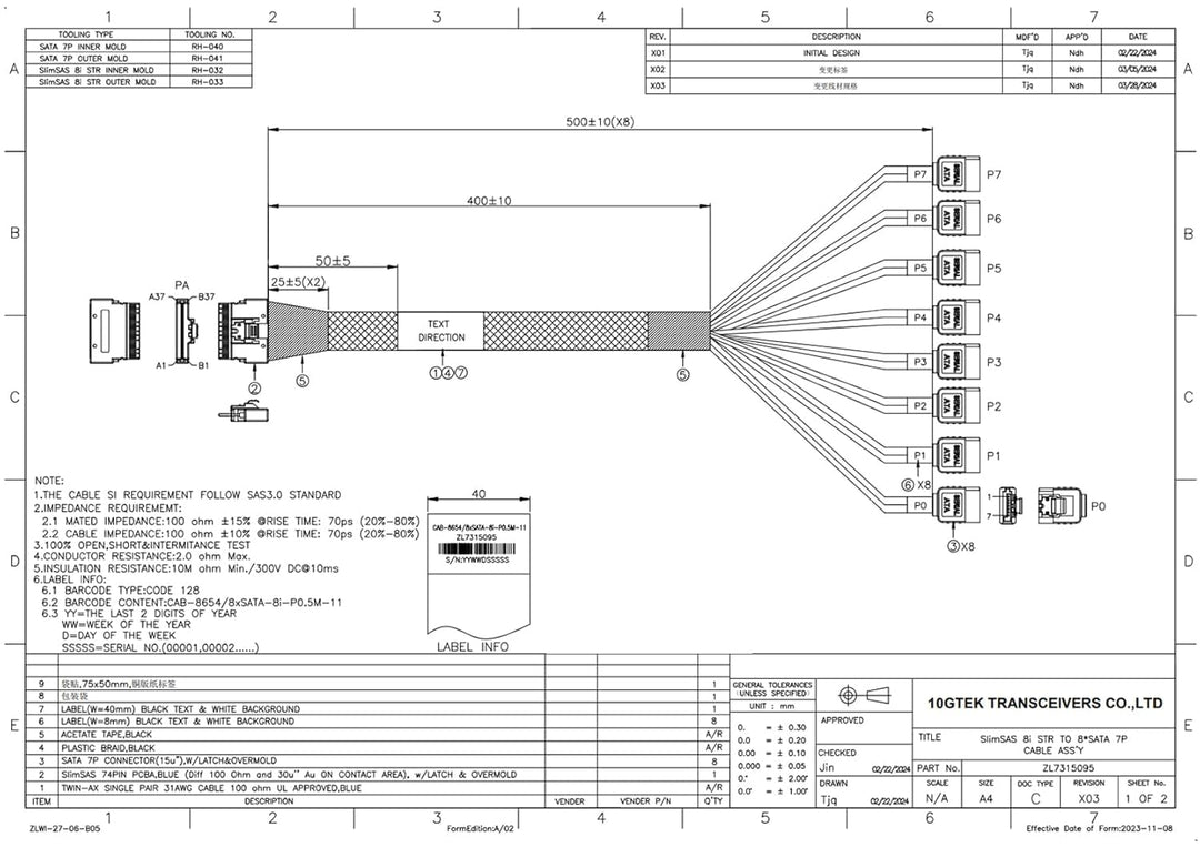 ipolex SFF-8654 SlimSAS 8i auf 8xSATA, SAS3.0 Host/RAID auf SATA Target HD, geeignet für Server, Fes