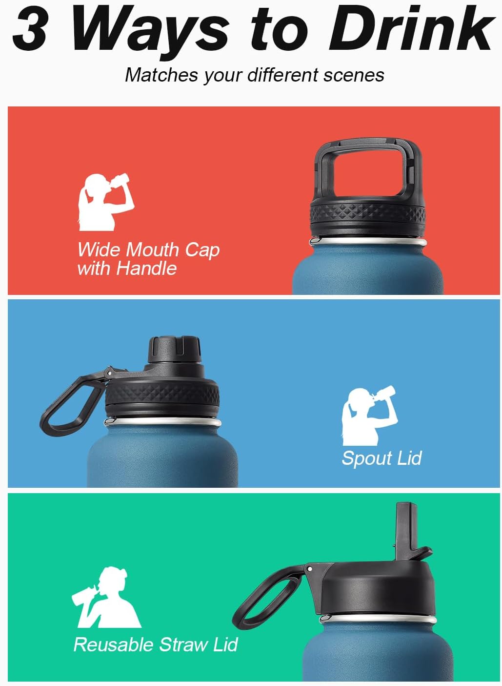 Coolflask 1180ml Isolierte Wasserflasche mit Strohhalm & 3 Deckeln, Metall-Wasserflasche für Sport o