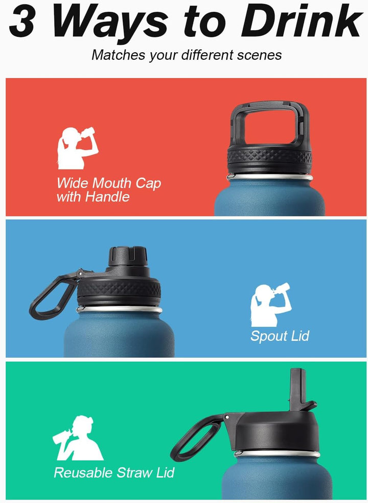 Coolflask 1180ml Isolierte Wasserflasche mit Strohhalm & 3 Deckeln, Metall-Wasserflasche für Sport o