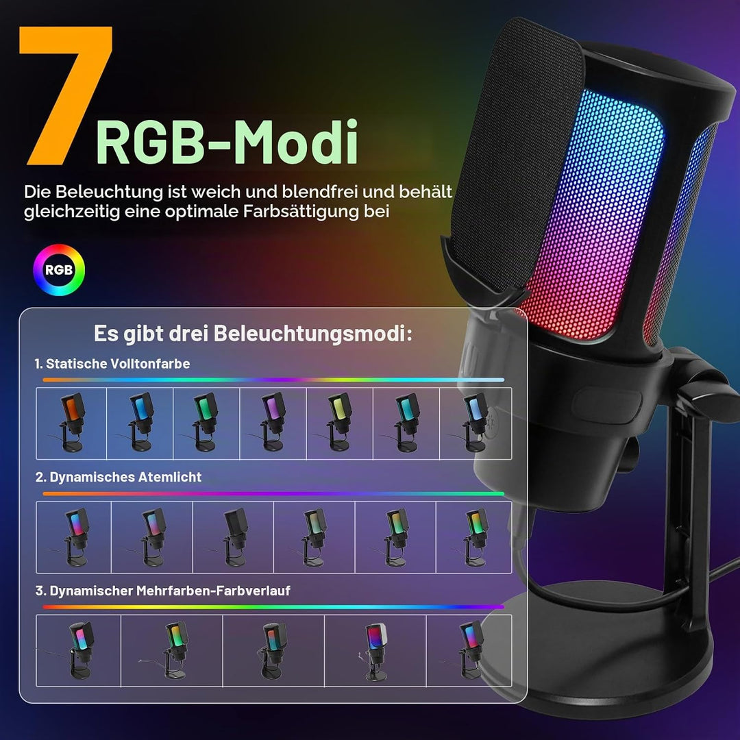 VCOM Gaming Mikrofon PC, RGB USB Mikrofon mit Mute, Pop-Filter, Gain, Gaming Zubehör Microphone für